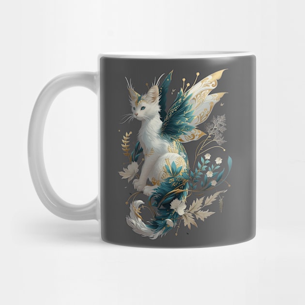 Majestic Cat Dragon Fairy Art - White and Teal with Gold Accents by Tannaidhe's Designs